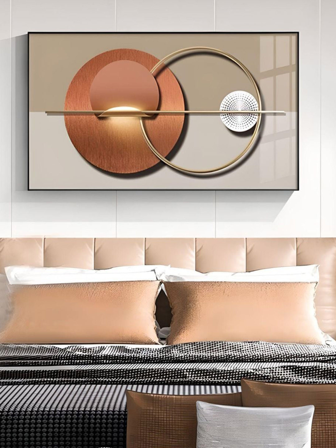 THE HANDMADE FLAIR Orange-Color & Beige Sun Moon Geometry Printed Framed Wall Art