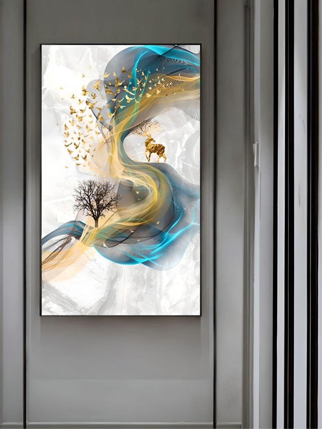 THE HANDMADE FLAIR Crystal Porcelain Grey & Blue Abstract  Stags Luxurious Nordic Wall Art