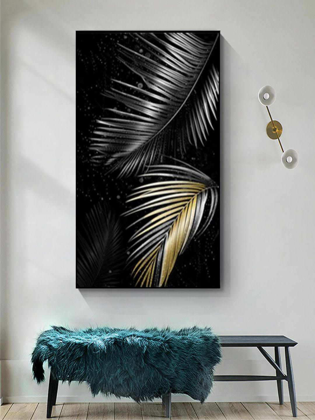 THE HANDMADE FLAIR Crystal Porcelain Charcoal-Black & Grey Tropical Leaves Framed Wall Art