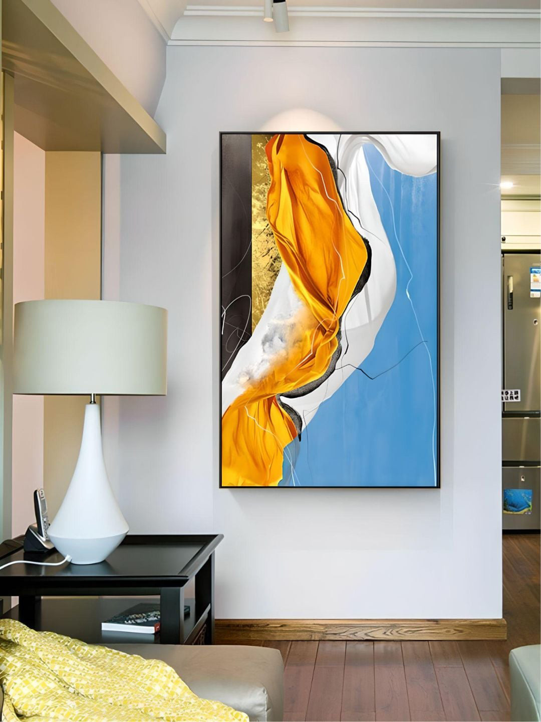 THE HANDMADE FLAIR Blue & Orange Abstract Luxury Nordic Marble Painting Framed Wall Art