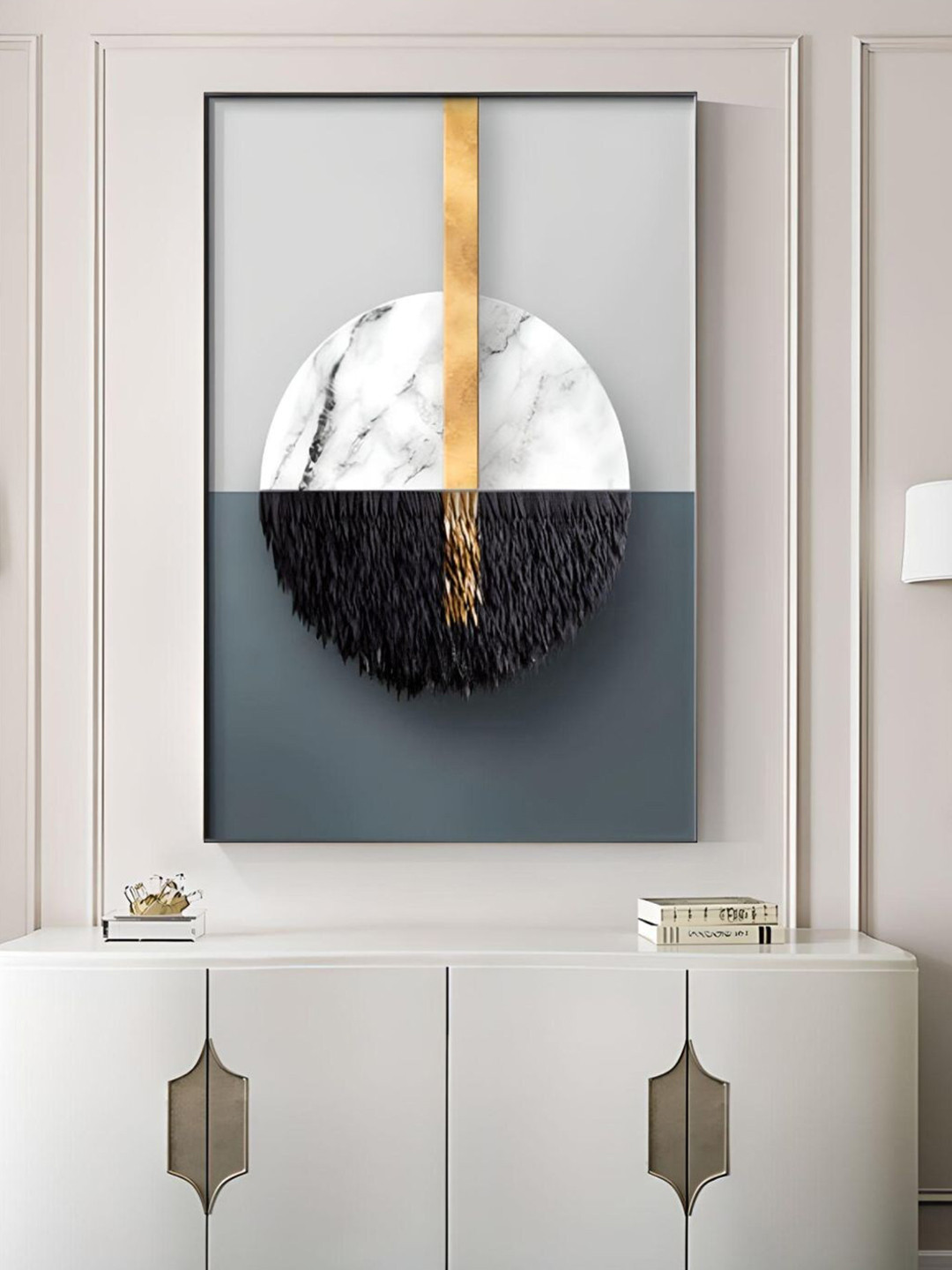 THE HANDMADE FLAIR Crystal Porcelain Olive-Green & White Abstract Printed Framed Wall Art