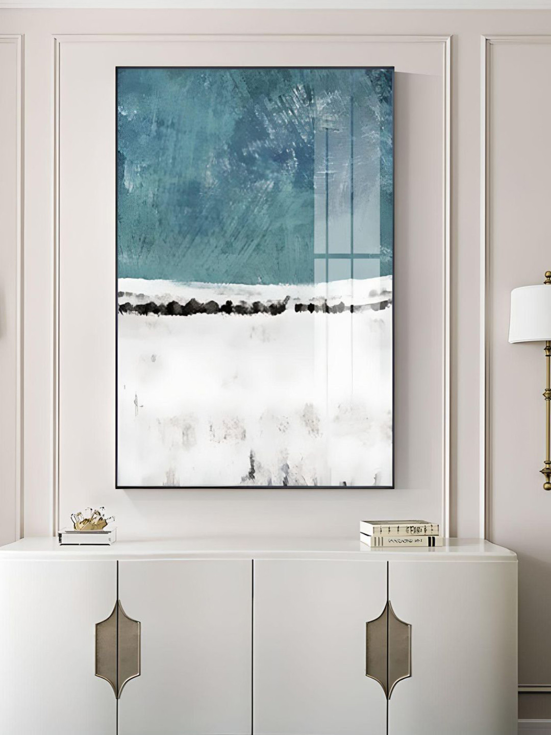 THE HANDMADE FLAIR Crystal Porcelain Blue & White Abstract Printed Framed Wall Art