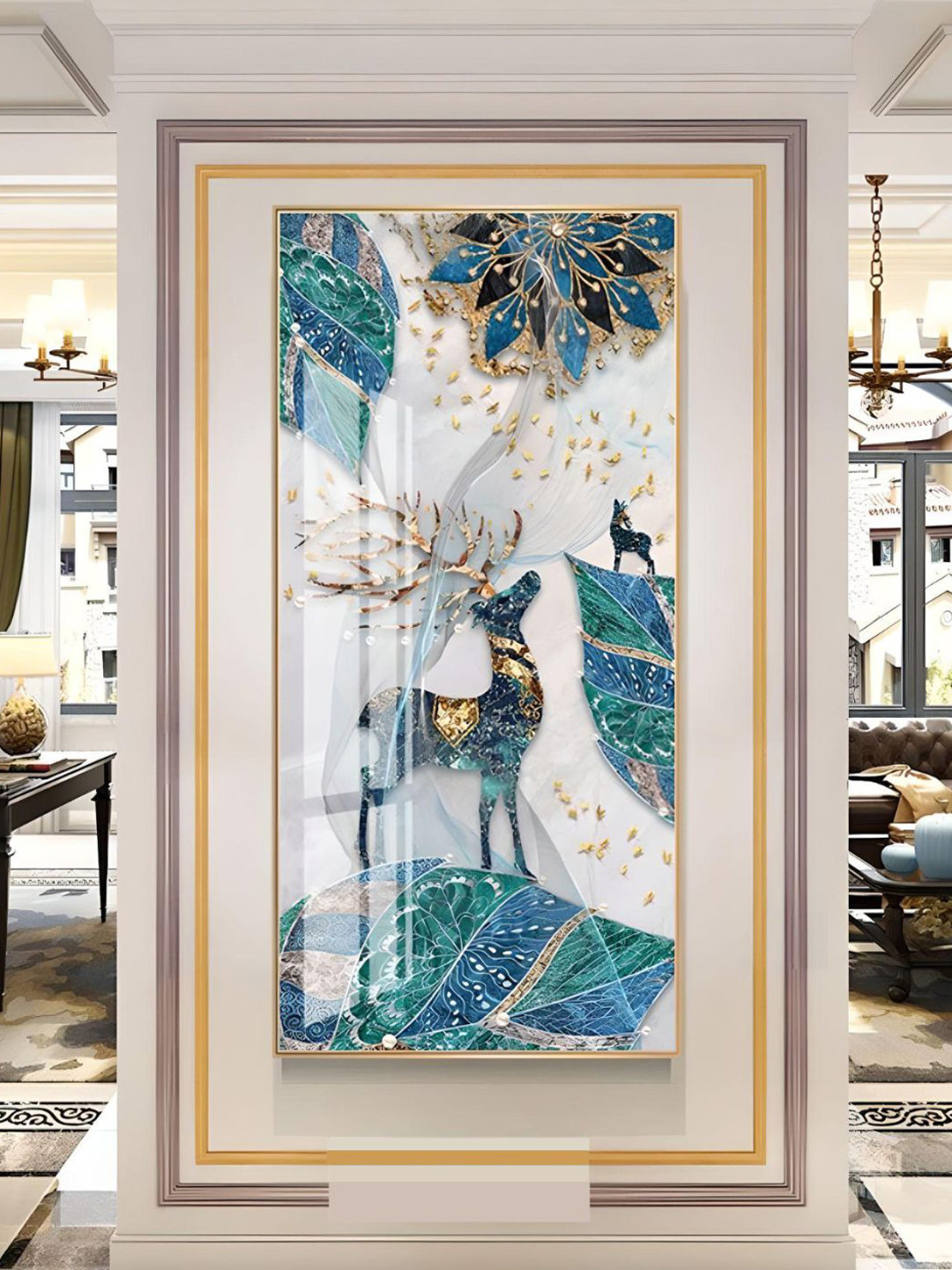 THE HANDMADE FLAIR White & Blue Auspicious Mystical Deer Painting Framed Wall Art