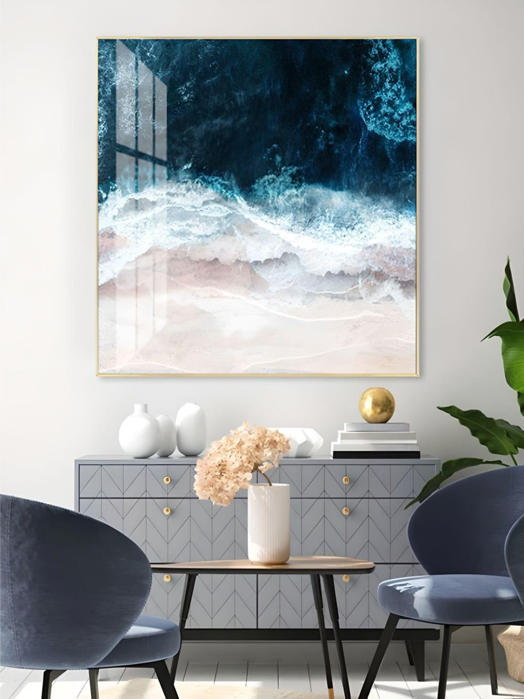 THE HANDMADE FLAIR Blue & White Sea Surf Nordic Seascape Painting Framed Wall Art
