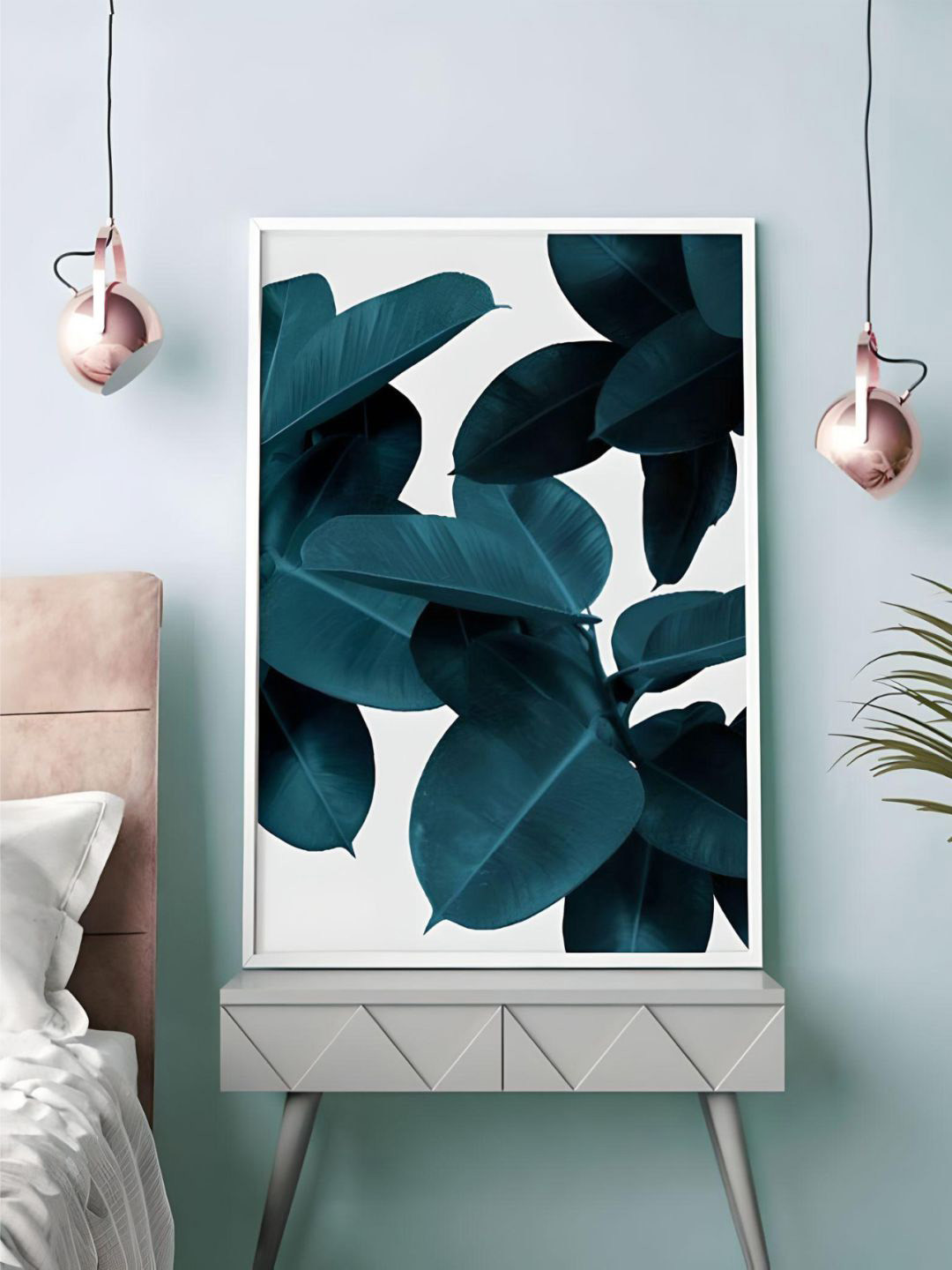 THE HANDMADE FLAIR Crystal Porcelain White & Teal-Blue Leaves Framed Wall Art