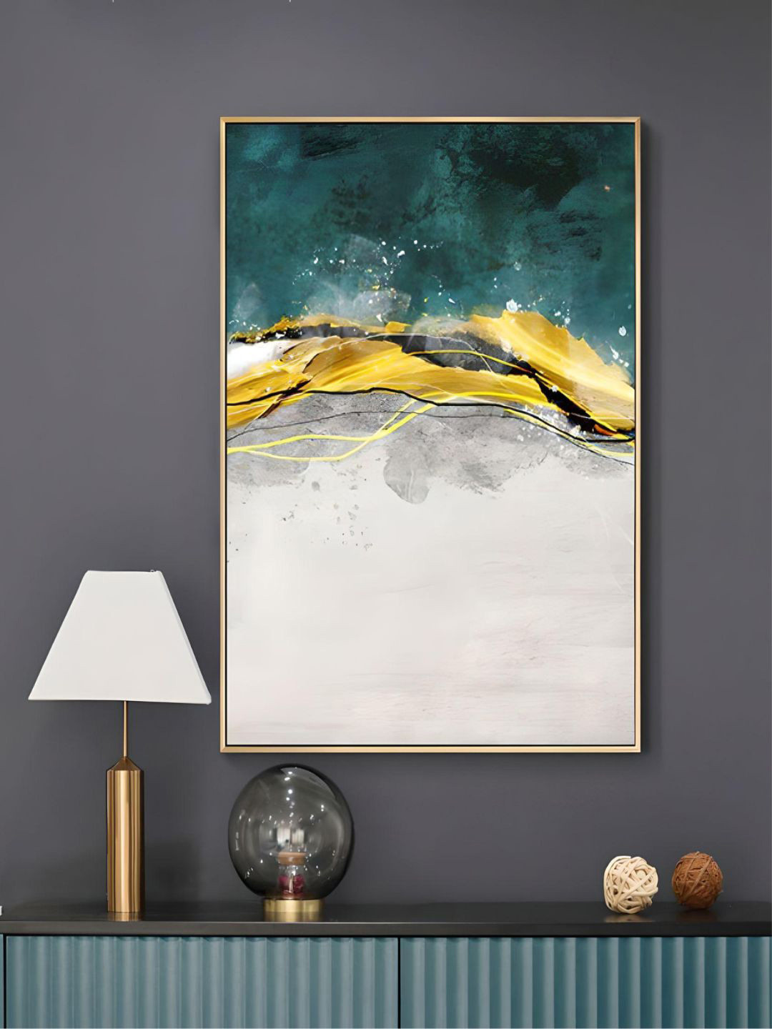 THE HANDMADE FLAIR White & Golden Abstract Horizon Painting Framed Wall Art