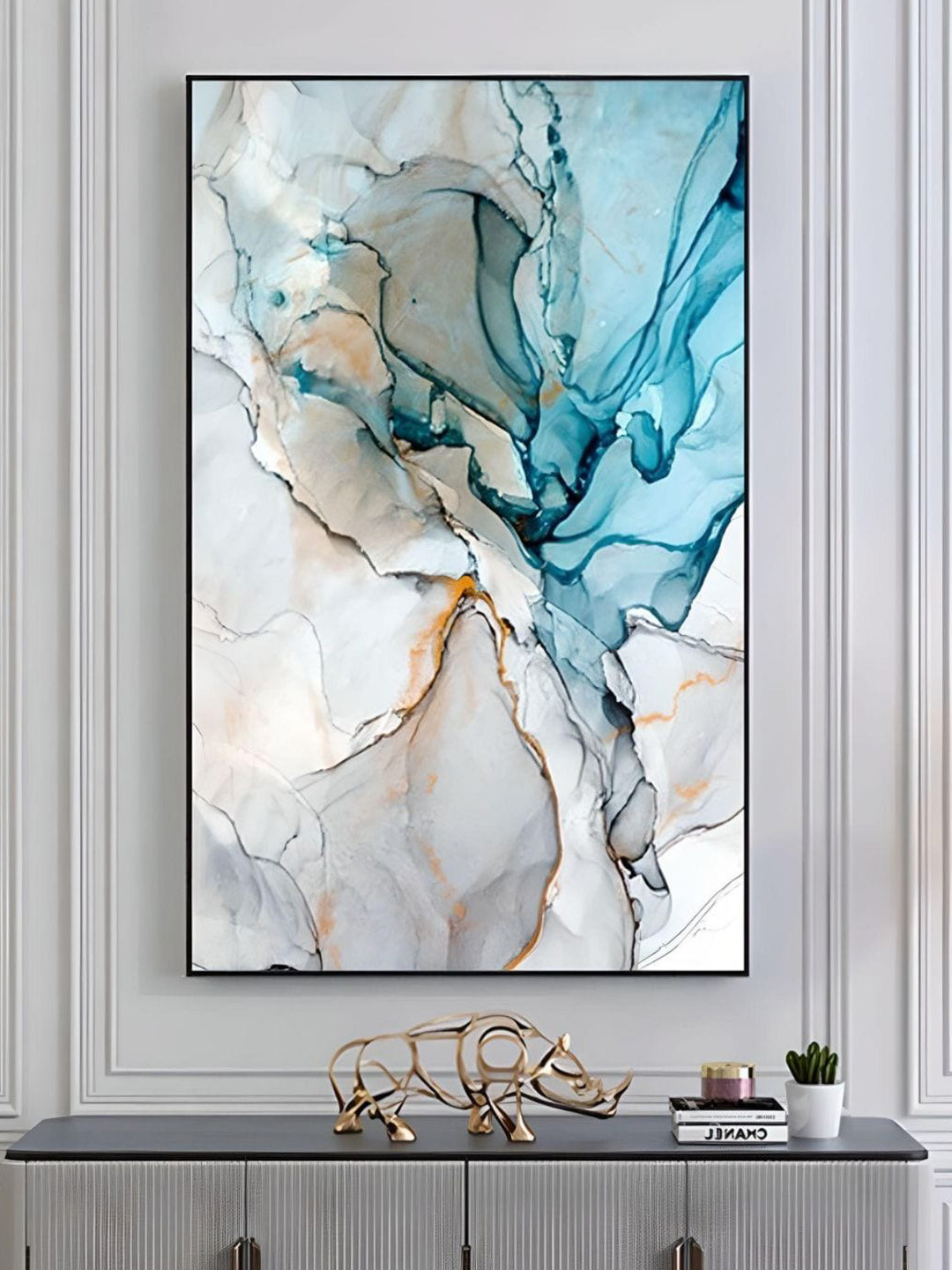 THE HANDMADE FLAIR Crystal Porcelain Blue & Grey Abstract Framed Wall Art