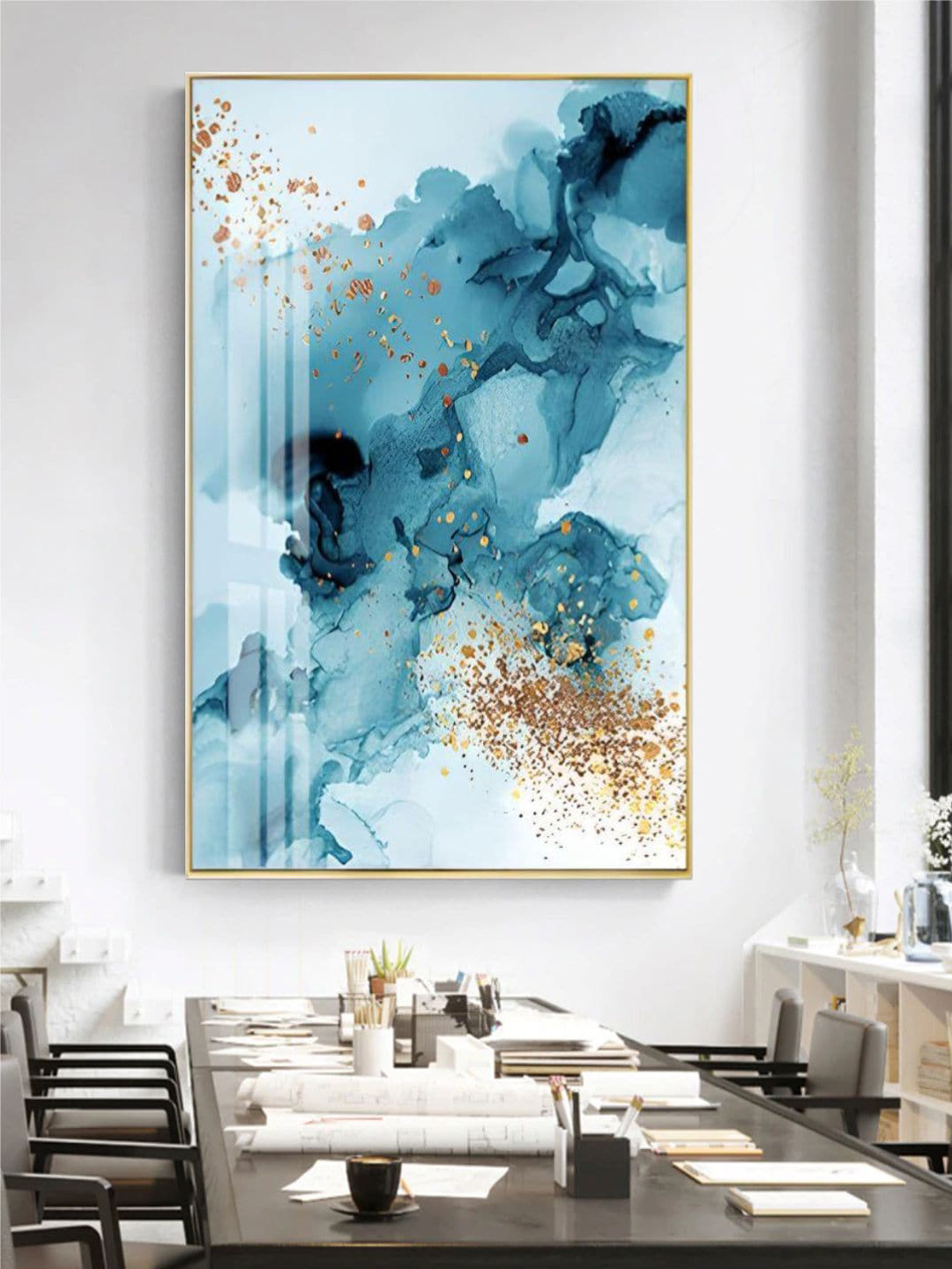 THE HANDMADE FLAIR Crystal Blue & Metallic-Color Abstract Printed Framed Wall Art
