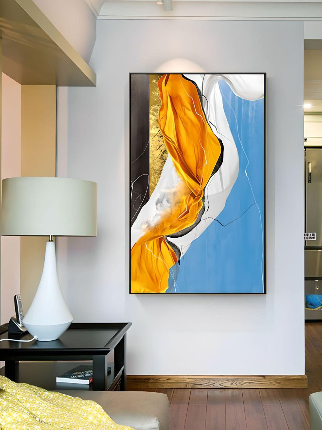 THE HANDMADE FLAIR Crystal Porcelain Orange-Color & Blue Abstract Framed Wall Art