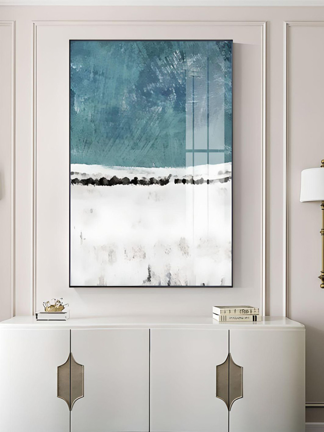 THE HANDMADE FLAIR White & Green Abstract Printed Framed Wall Art