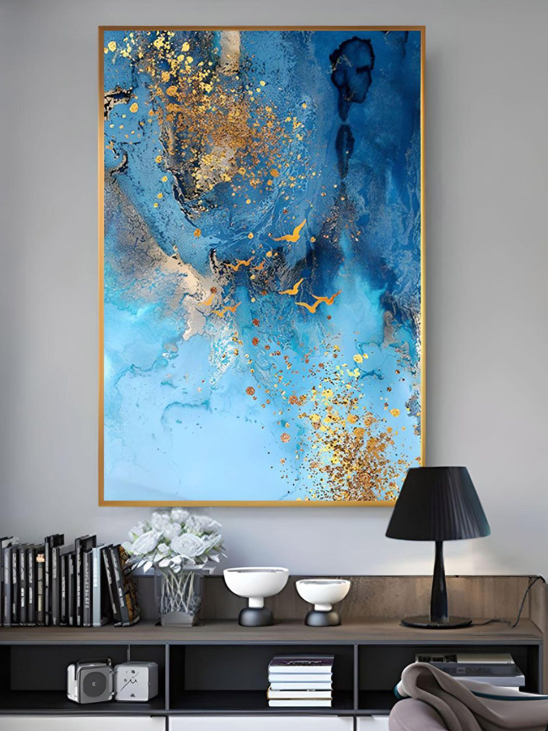 THE HANDMADE FLAIR Blue & Golden Blue Sea Painting Framed Wall Art