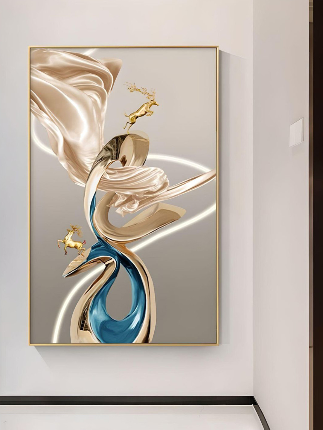 THE HANDMADE FLAIR Crystal Porcelain Grey Flowing Ribbon Deer Wall Art Painitng