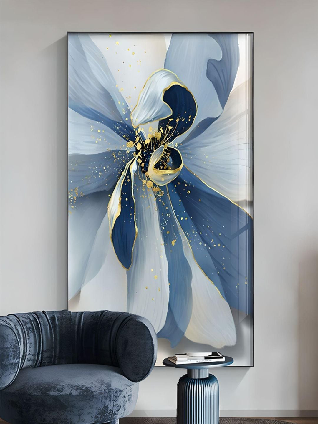 THE HANDMADE FLAIR Navy Blue Abstract Nordic Botanical Painting Wall Art