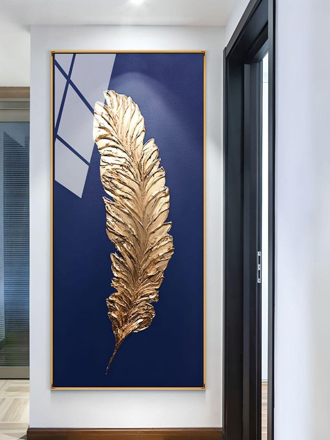 THE HANDMADE FLAIR Blue & Golden Feather Painting Wall Art