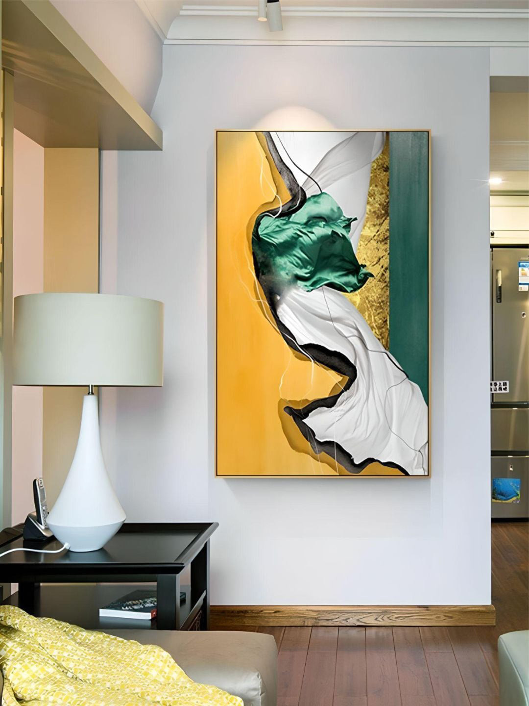 THE HANDMADE FLAIR Crystal Porcelain Yellow & Green Abstract Framed Wall Art