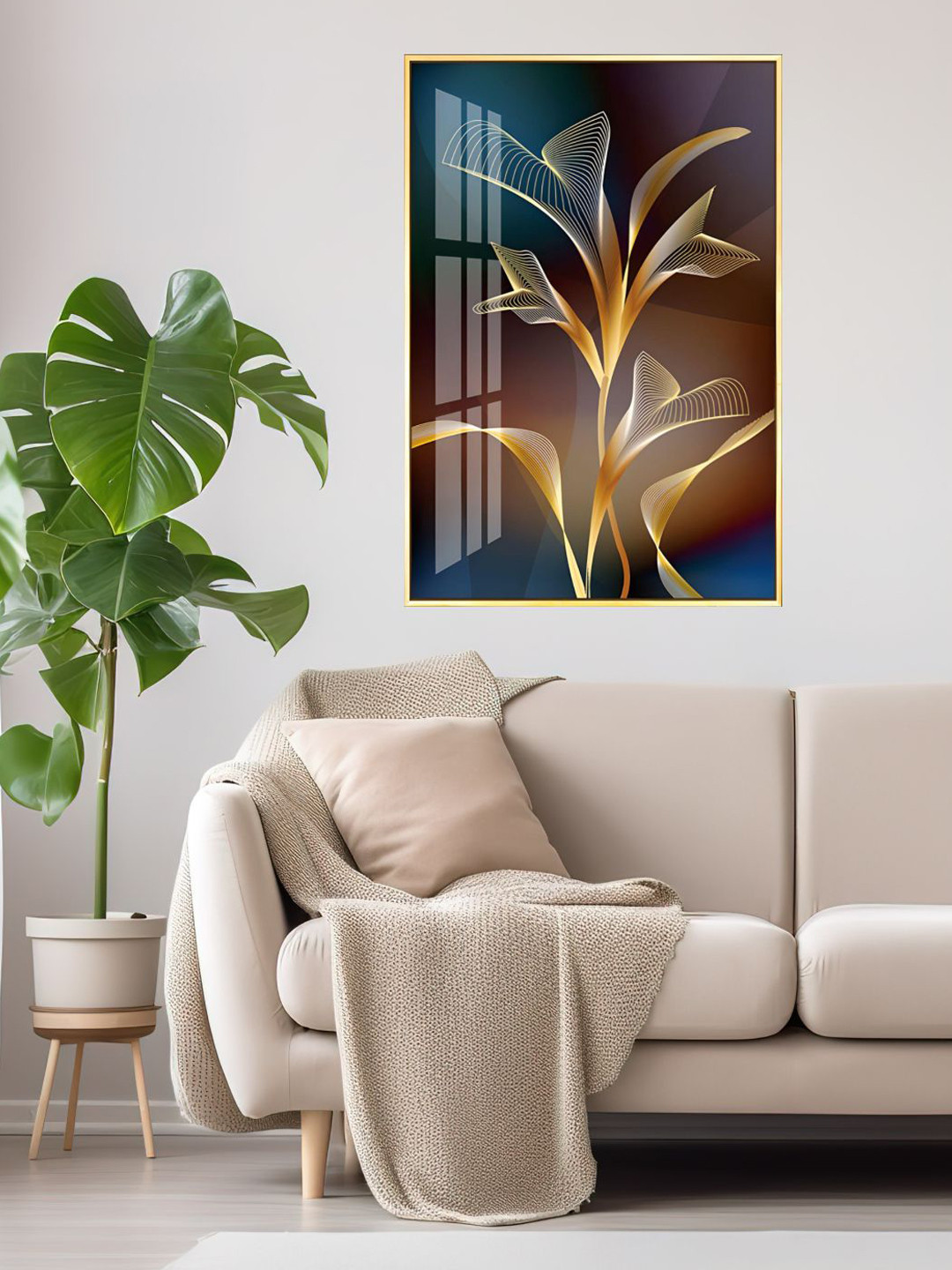 THE HANDMADE FLAIR Blue & Beige Abstract Exotic Floral Painting Wall Art