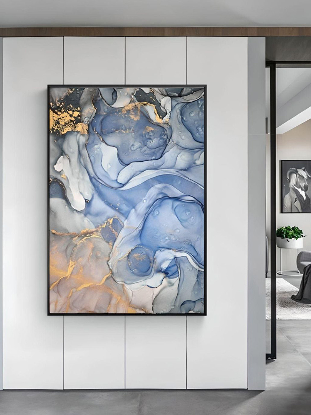 THE HANDMADE FLAIR Blue & Beige Marble Effect Painting Wall Art