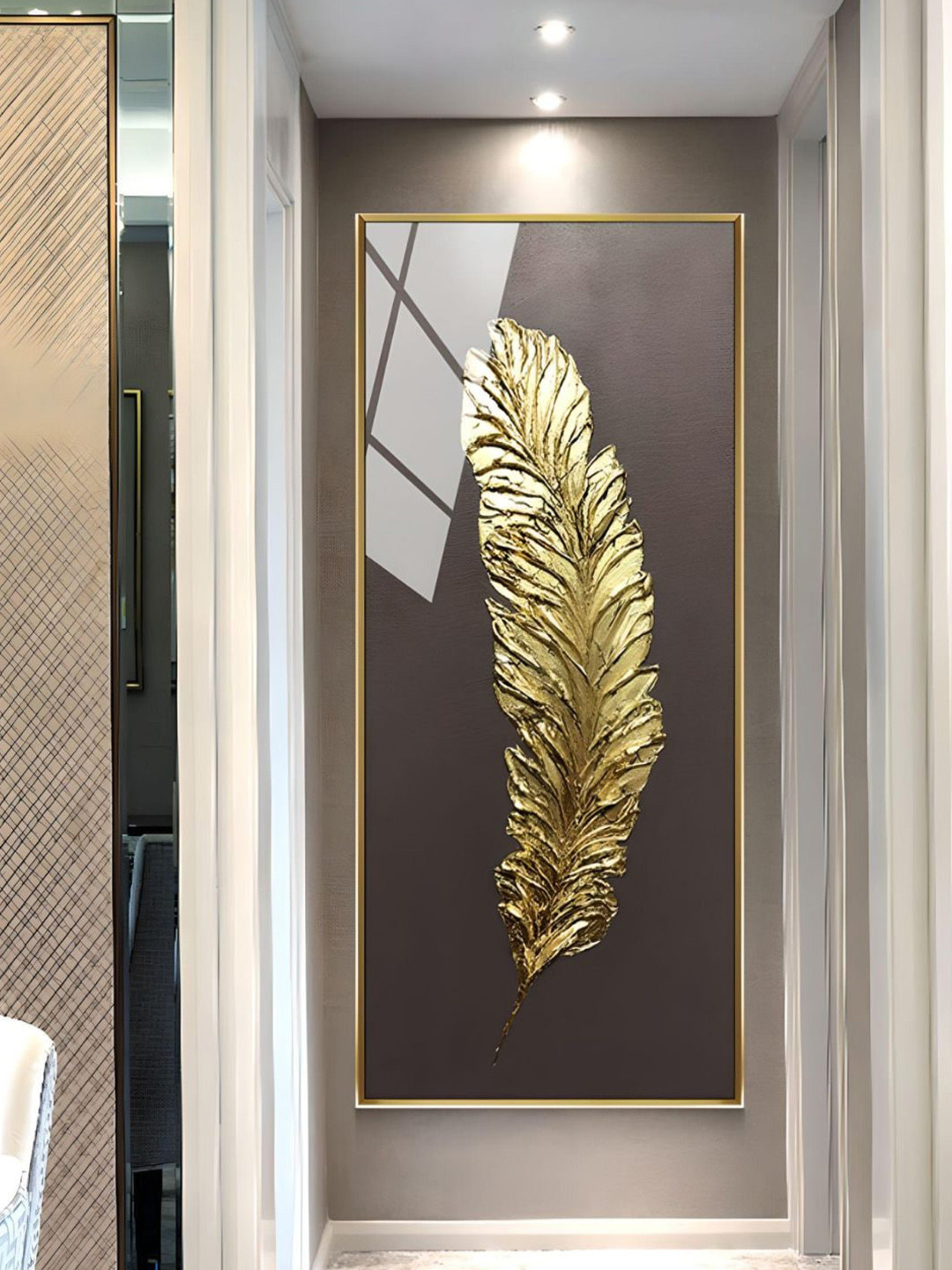 THE HANDMADE FLAIR Crystal Porcelain Beige & Gold Toned Feather Framed Wall Art