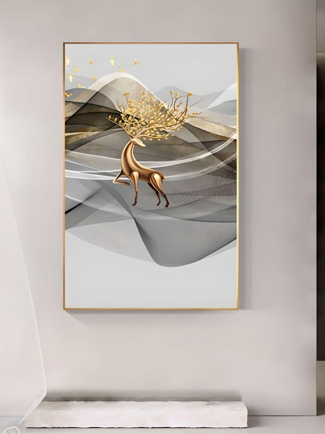 THE HANDMADE FLAIR Beige & Grey Deer Painting Wall Art