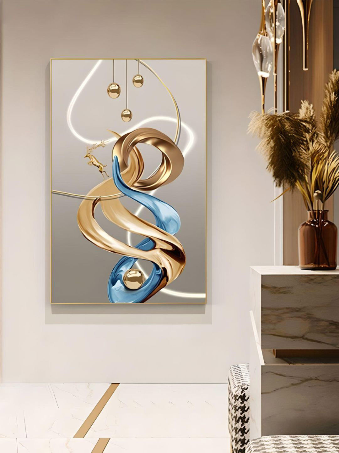 THE HANDMADE FLAIR Blue & Beige Flowing Ribbon Abstract Painted Wall Art