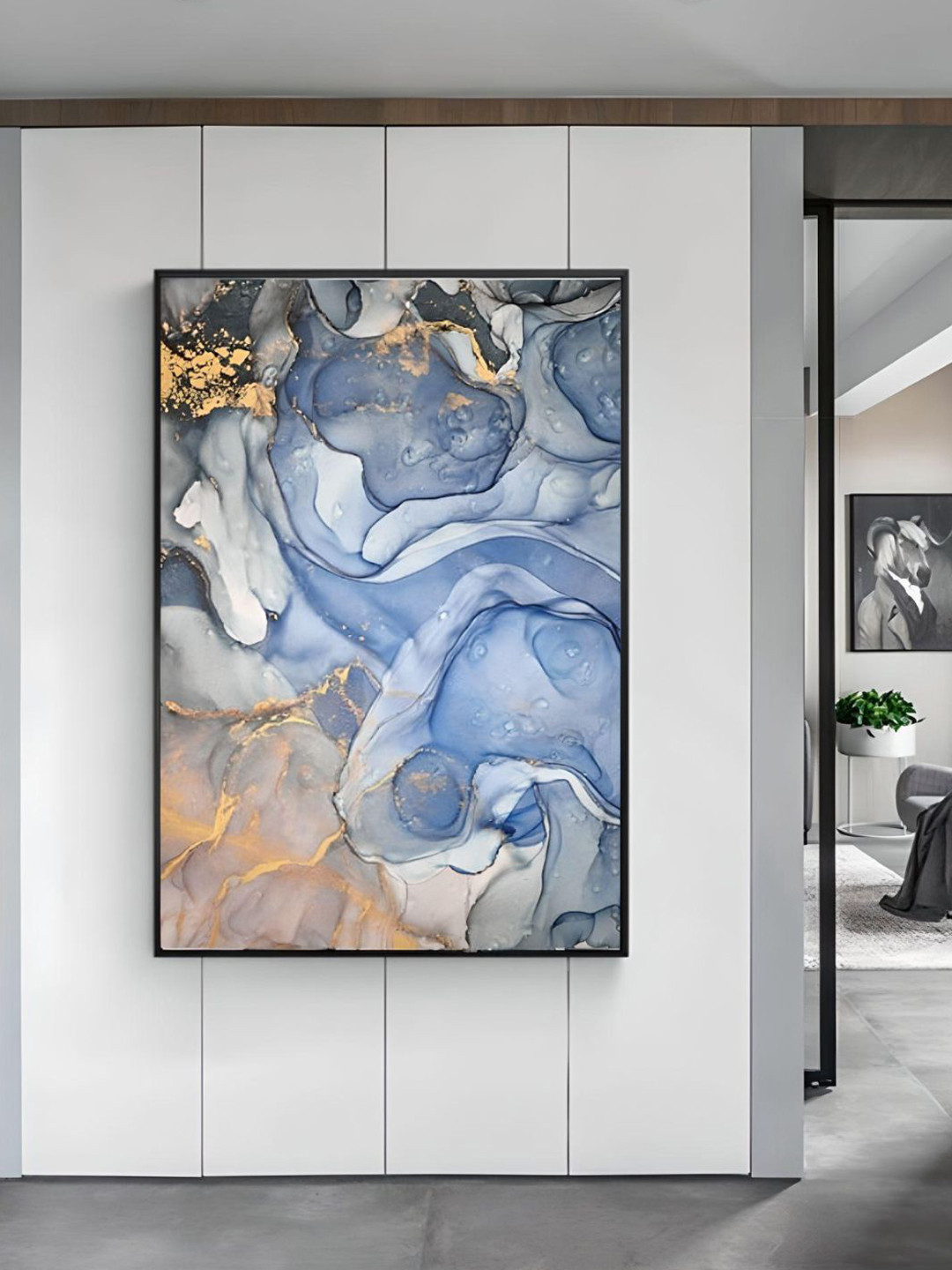 THE HANDMADE FLAIR Blue & Beige Marble Effect Painting Wall Art