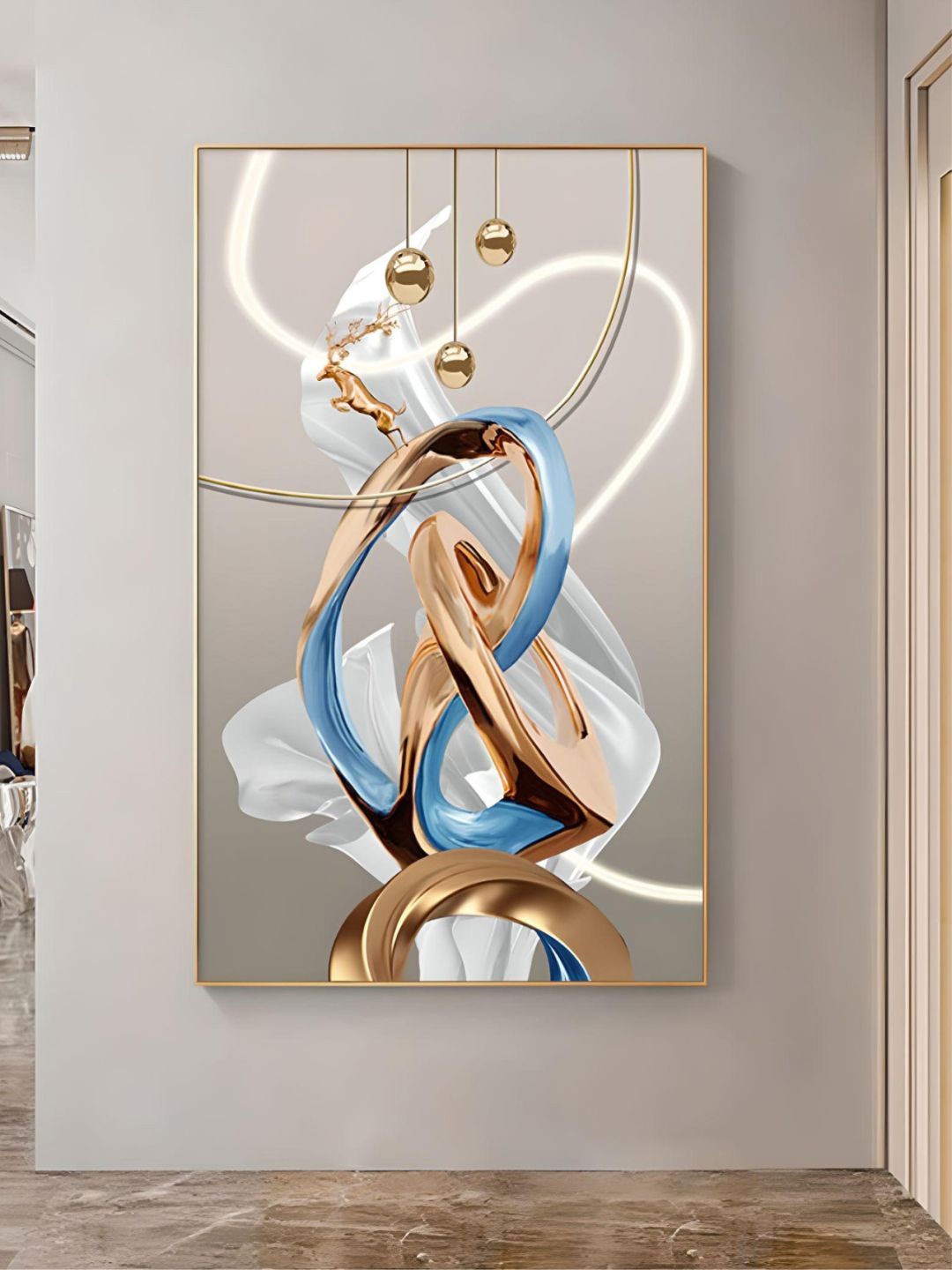 THE HANDMADE FLAIR Beige & Blue Flowing Ribbon Deer Painting Wall Art