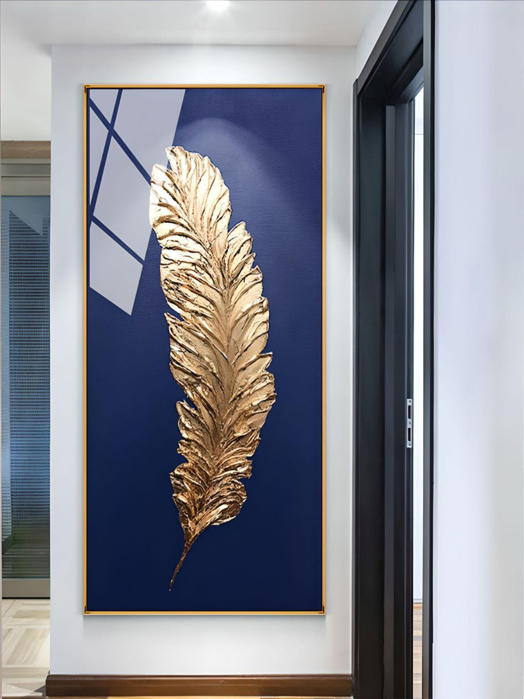 THE HANDMADE FLAIR Blue & Golden Feather Painting Wall Art