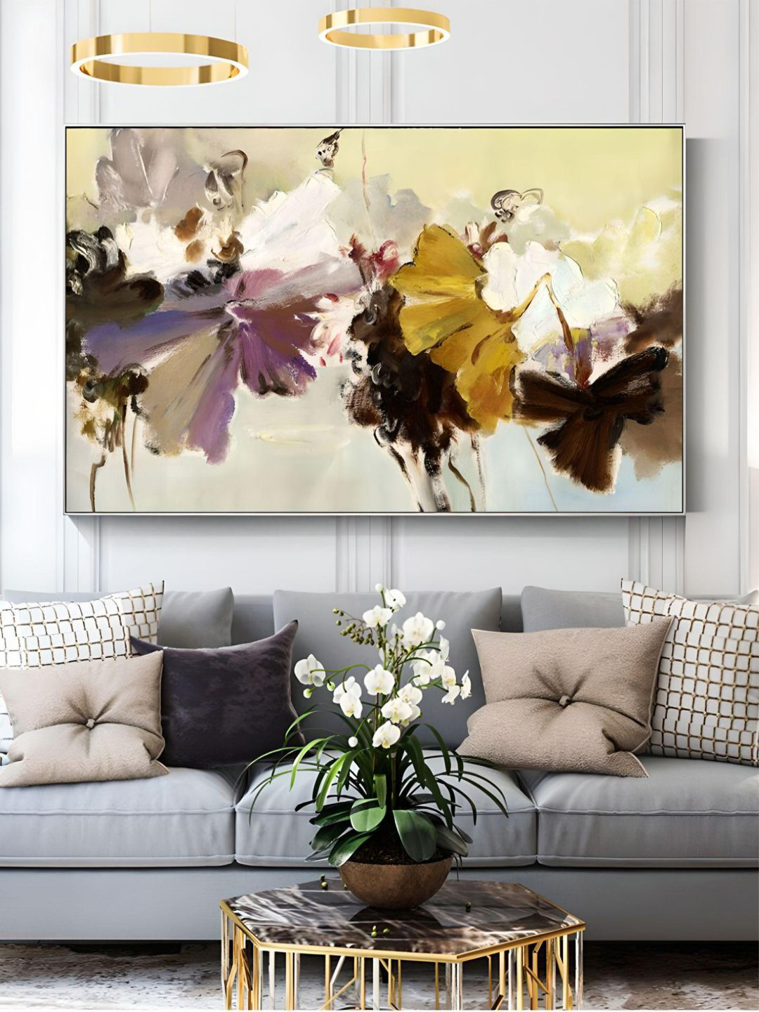THE HANDMADE FLAIR Yellow & Brown Floral Wide Painted Wall Art