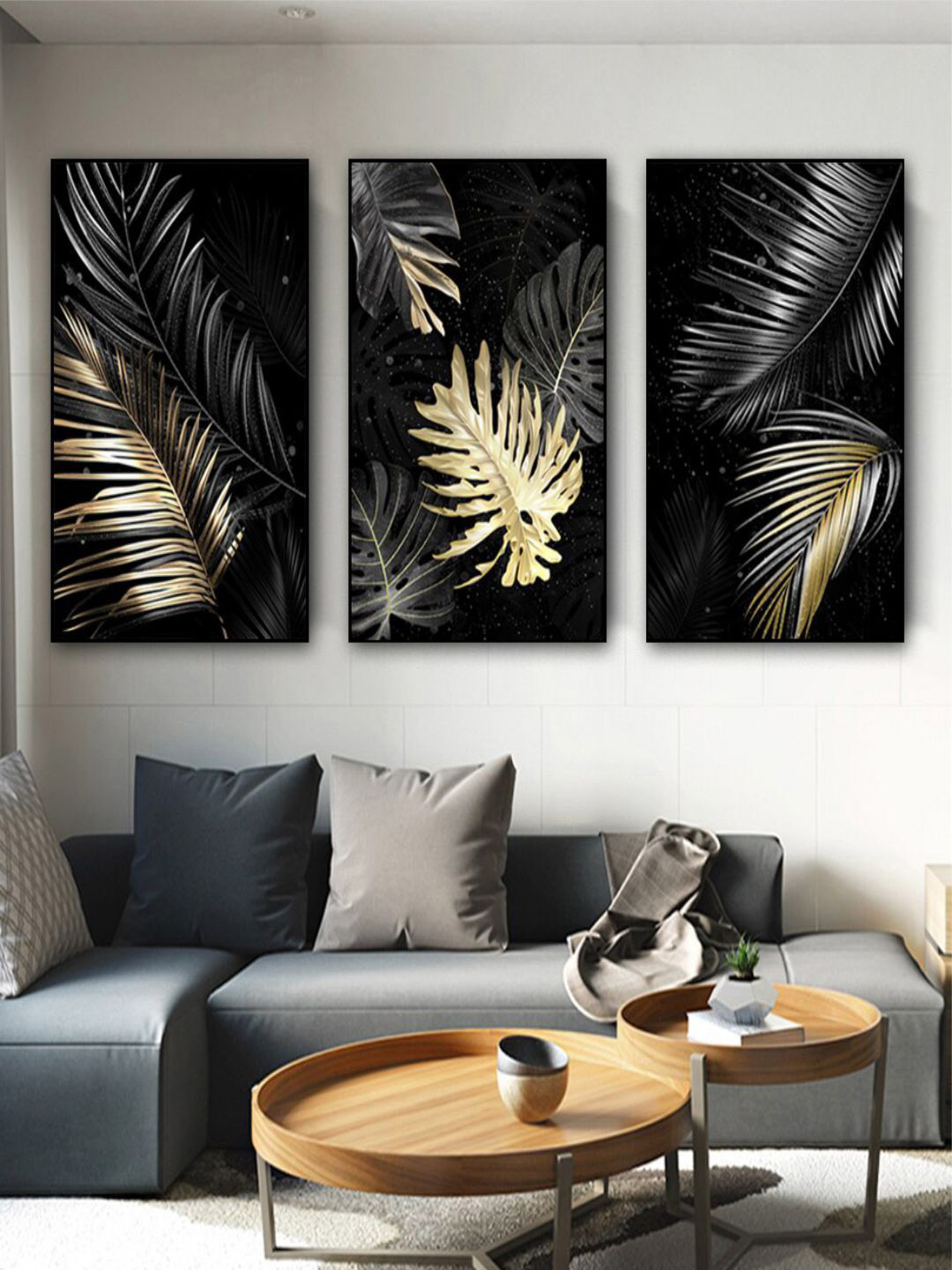 THE HANDMADE FLAIR Black & Golden Tropical Leaves Painting Wall Art