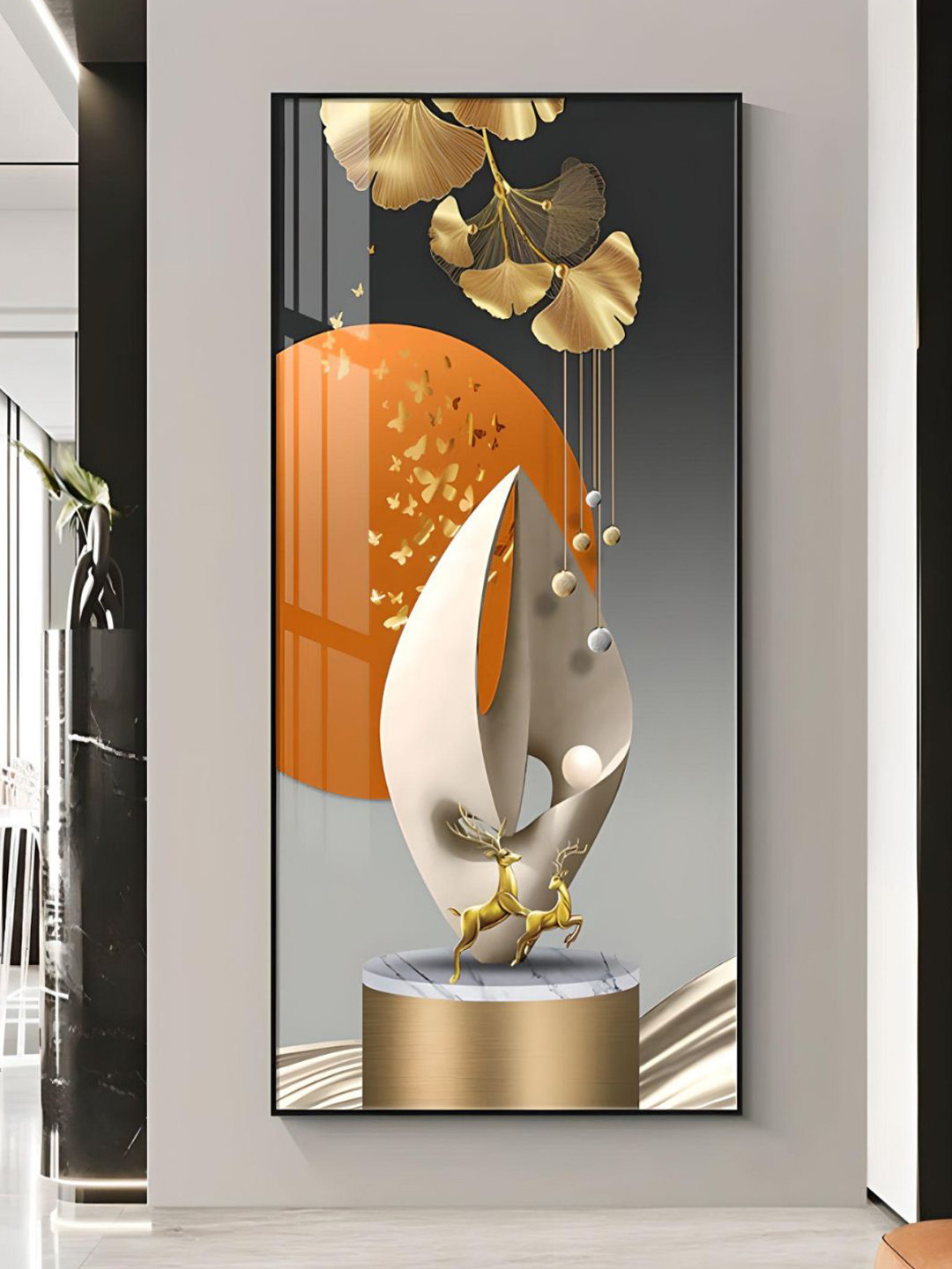 THE HANDMADE FLAIR Crystal Porcelain Grey & Beige Deer Circle Of Light Painted Wall Art