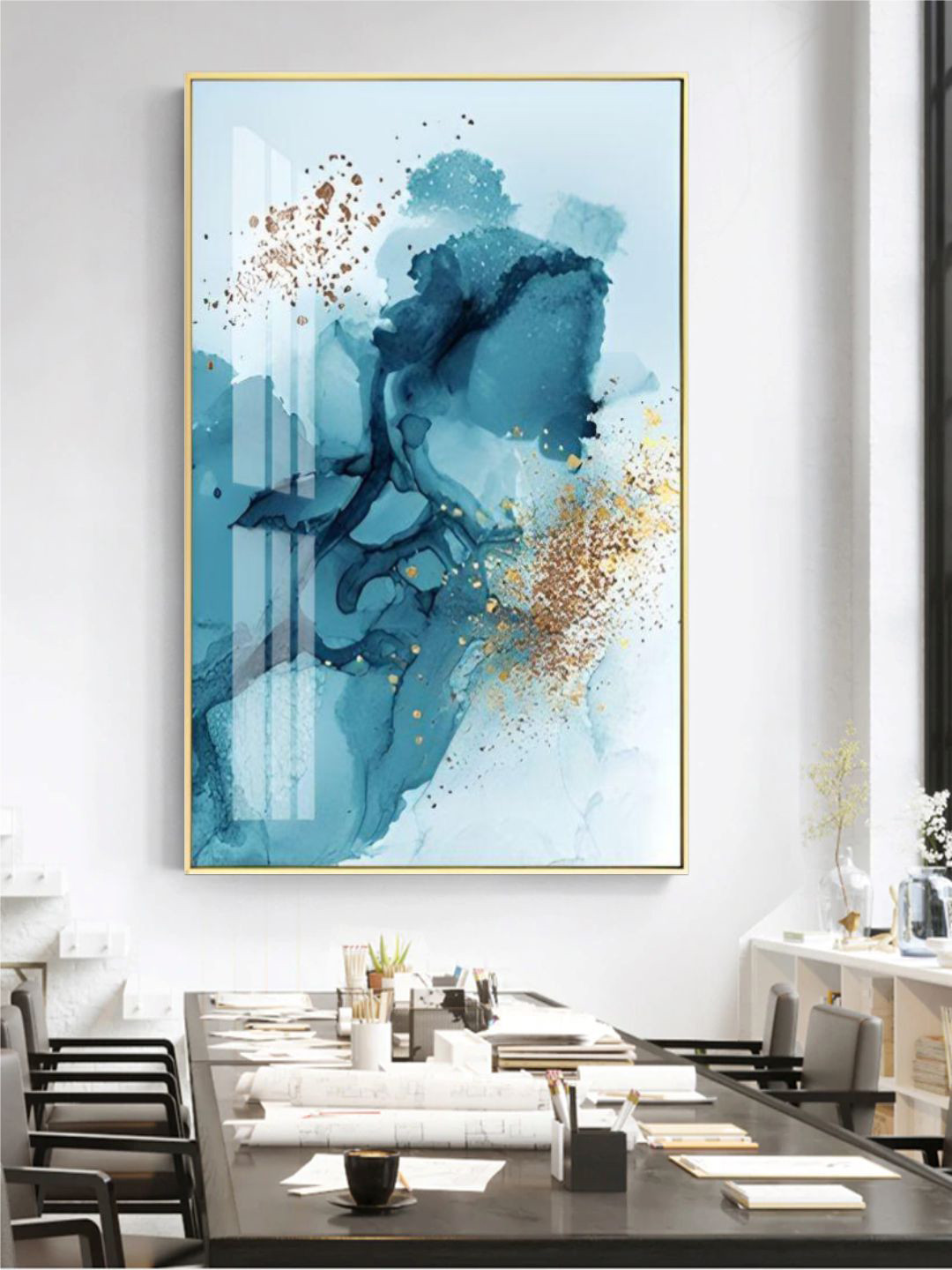 THE HANDMADE FLAIR Blue & Beige Splash Liquid Abstract Painting Wall Art