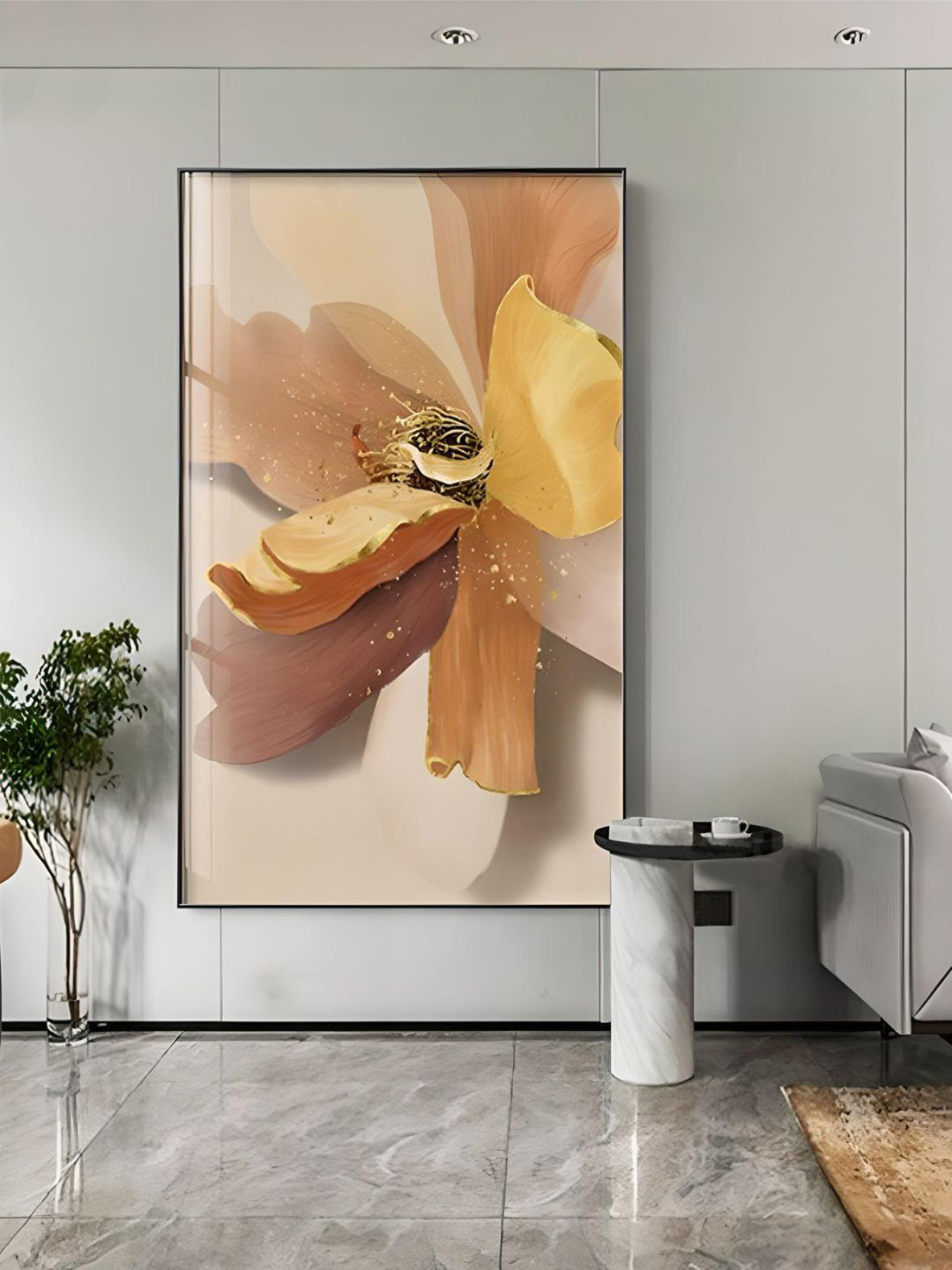 THE HANDMADE FLAIR Crystal Porcelain Yellow & Beige Big Floral Painted Wall Art