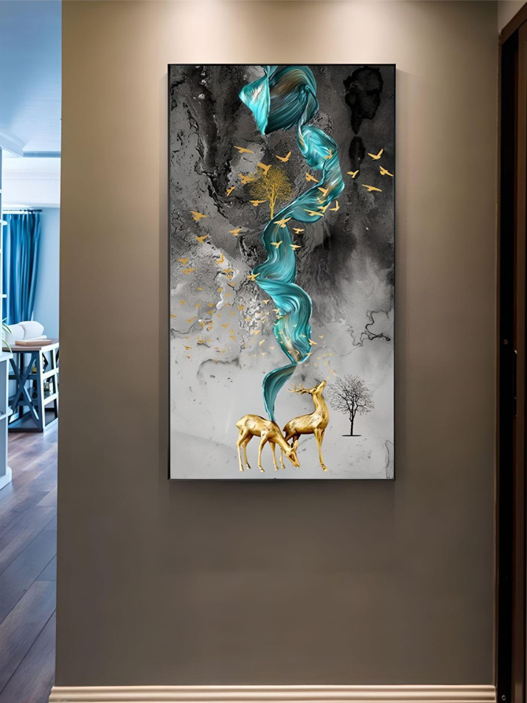 THE HANDMADE FLAIR Black Abstract Golden Stags Luxurious Nordic Wall Art