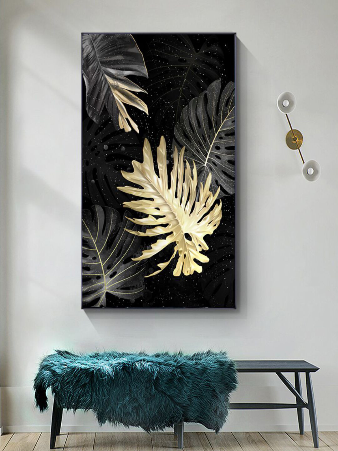 THE HANDMADE FLAIR Black Golden Tropical Leaves Wall Art Painting