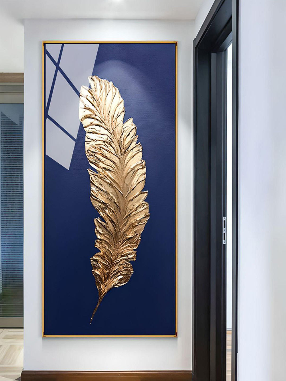 THE HANDMADE FLAIR Blue & Golden Feather Painting Wall Art