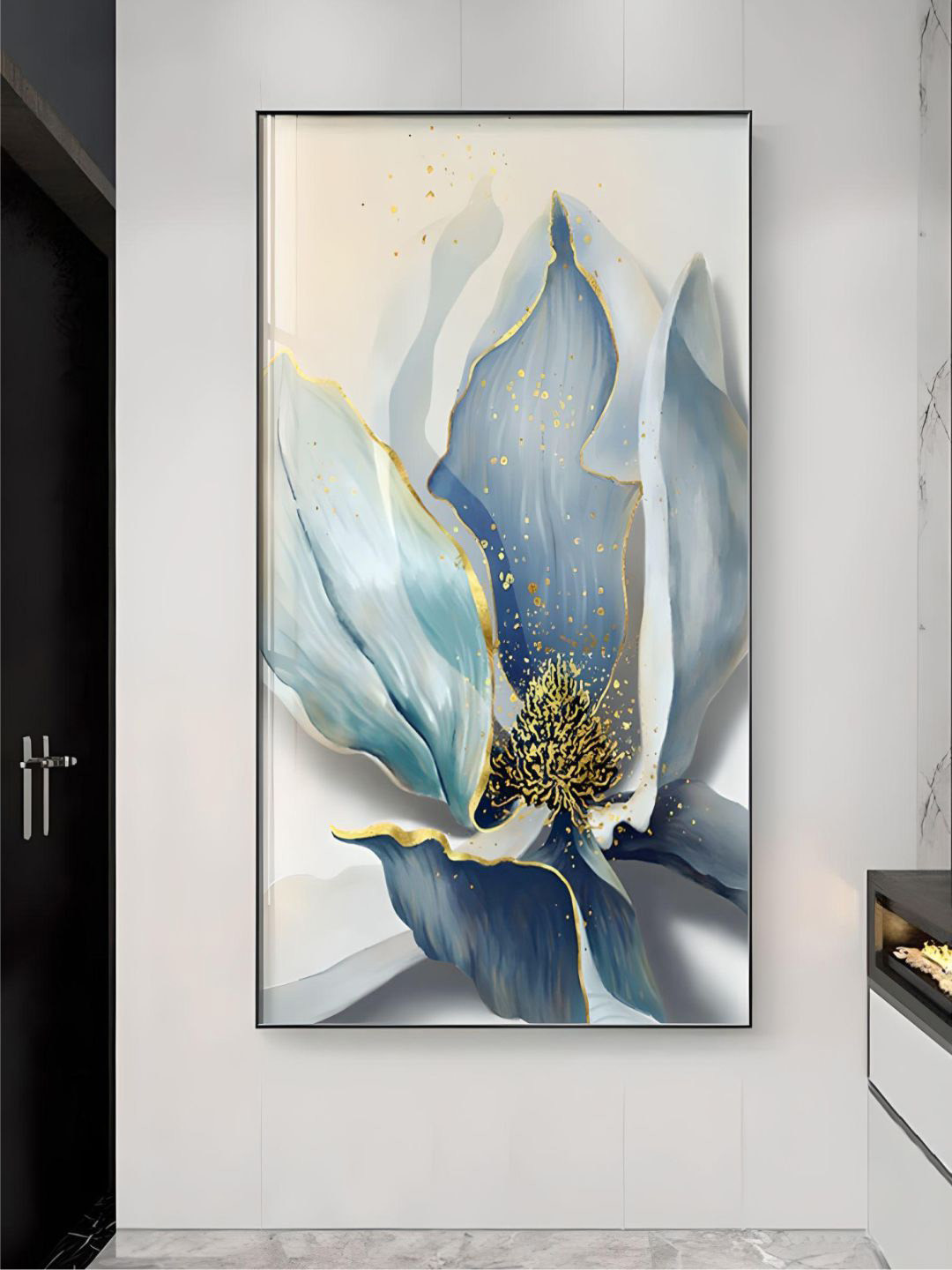 THE HANDMADE FLAIR White & Blue Big Floral Painting Framed Wall Art
