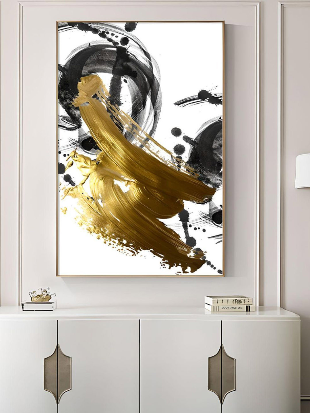 THE HANDMADE FLAIR Golden & Black Golden Swirls Contemporary Crystal Porcelain Wall Art