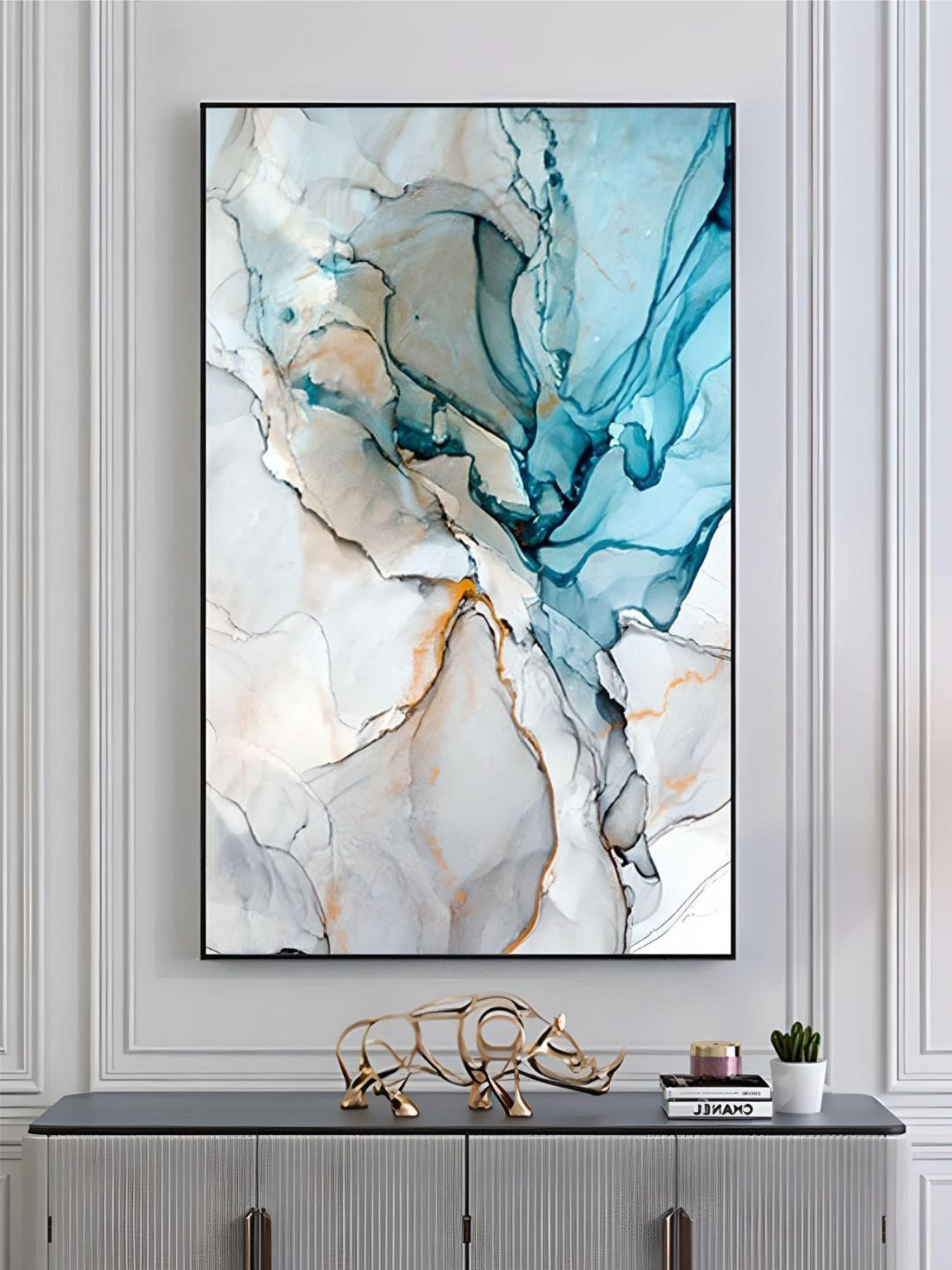 THE HANDMADE FLAIR Blue & White  Abstract Liquid Marble Crystal Porcelain Wall Art