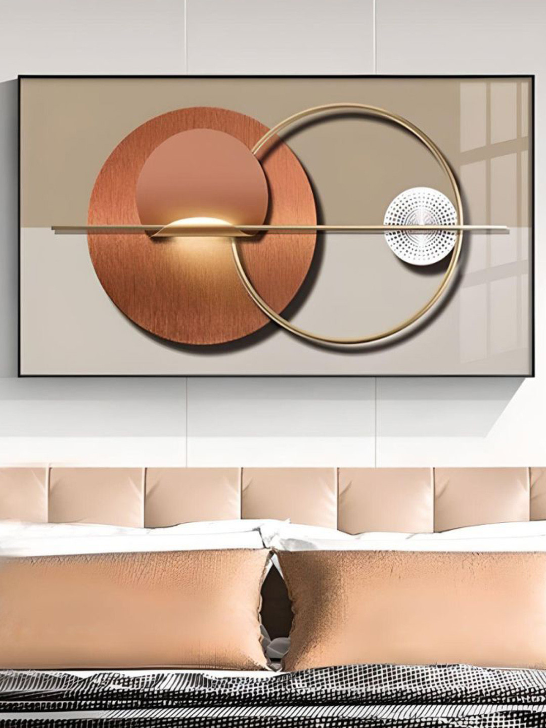 THE HANDMADE FLAIR Orange & Tan Abstract Sun Moon Geometry Crystal Porcelain Wall Art