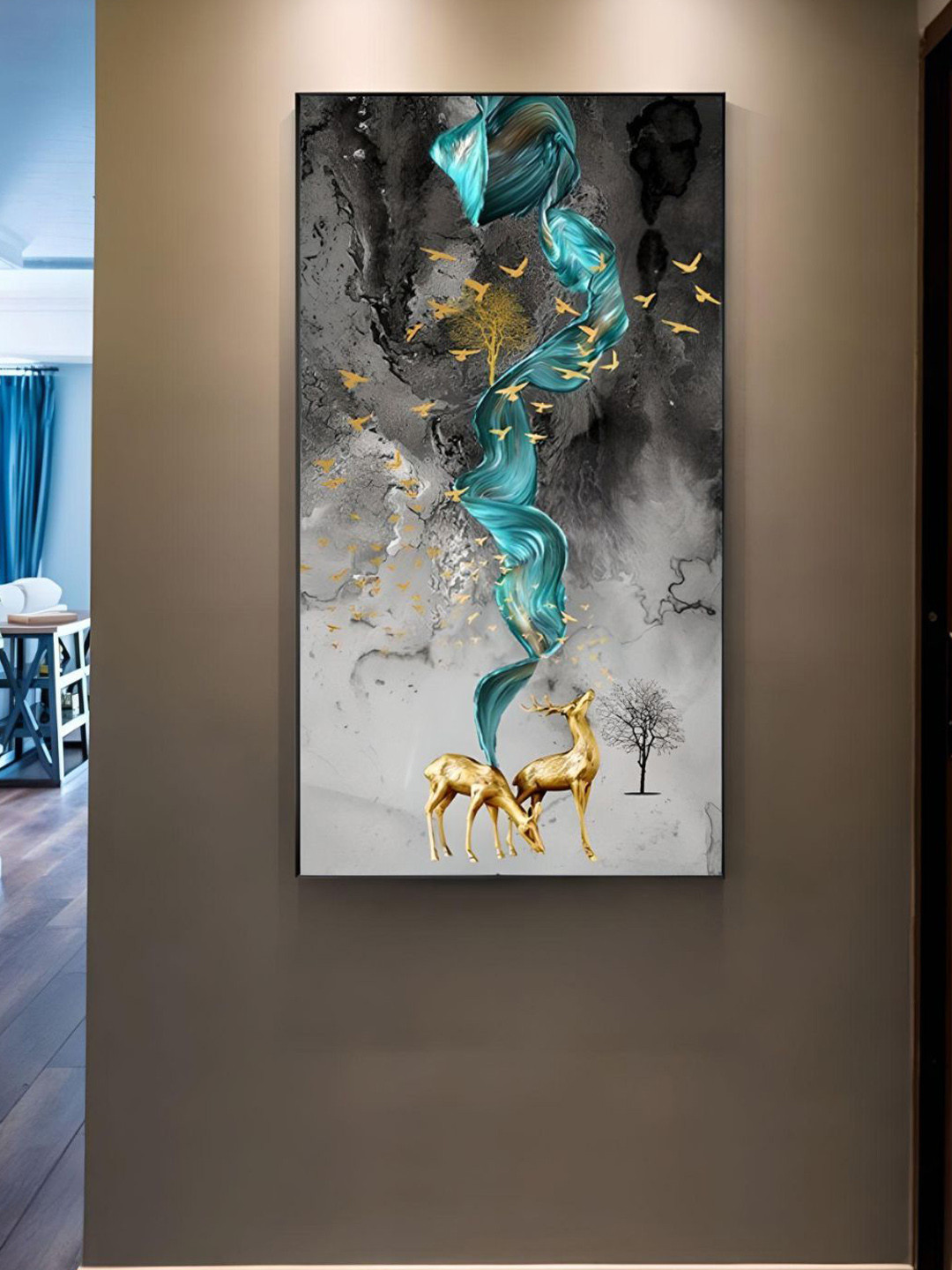 THE HANDMADE FLAIR Crystal Porcelain Grey & Teal Abstract Framed Wall Art