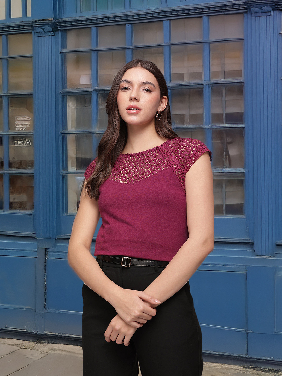 French Connection Solid Lace Detailed Regular Top