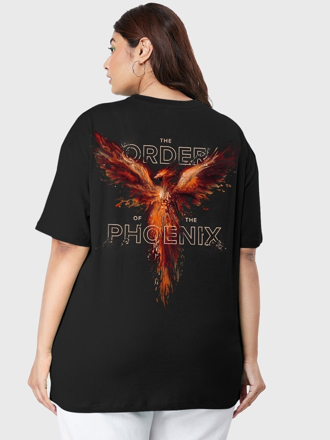 Bewakoof Plus Black Order Of The Phoenix Graphic Printed Oversized Cotton T-shirt