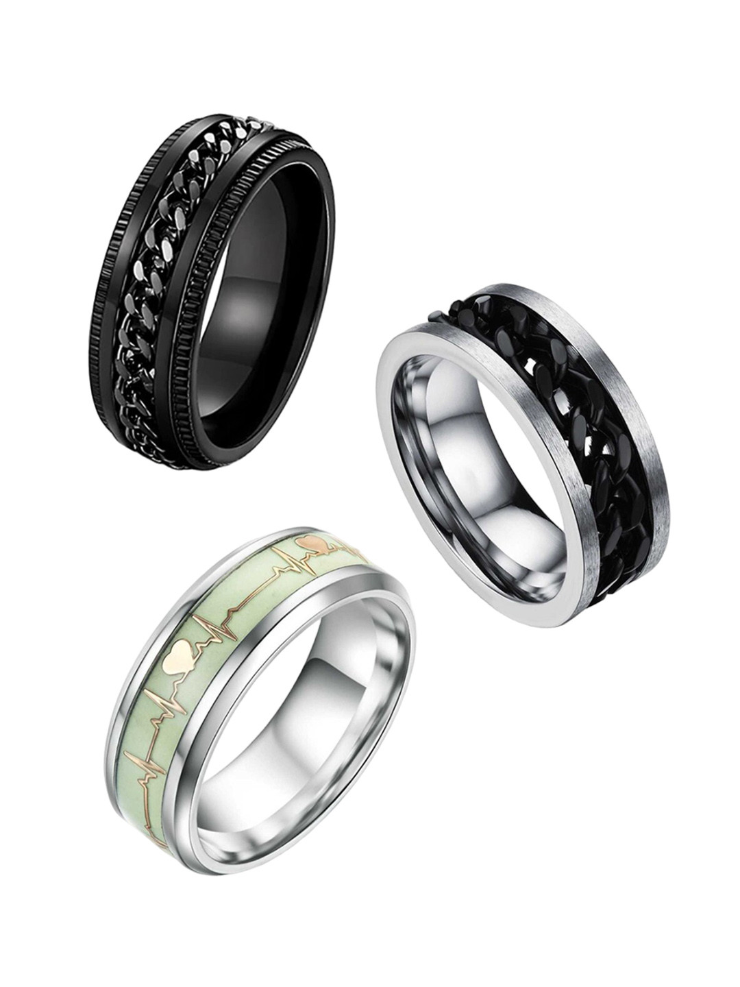 MEENAZ Unisex Set of 3 Silver Plated Chain Linked Rings