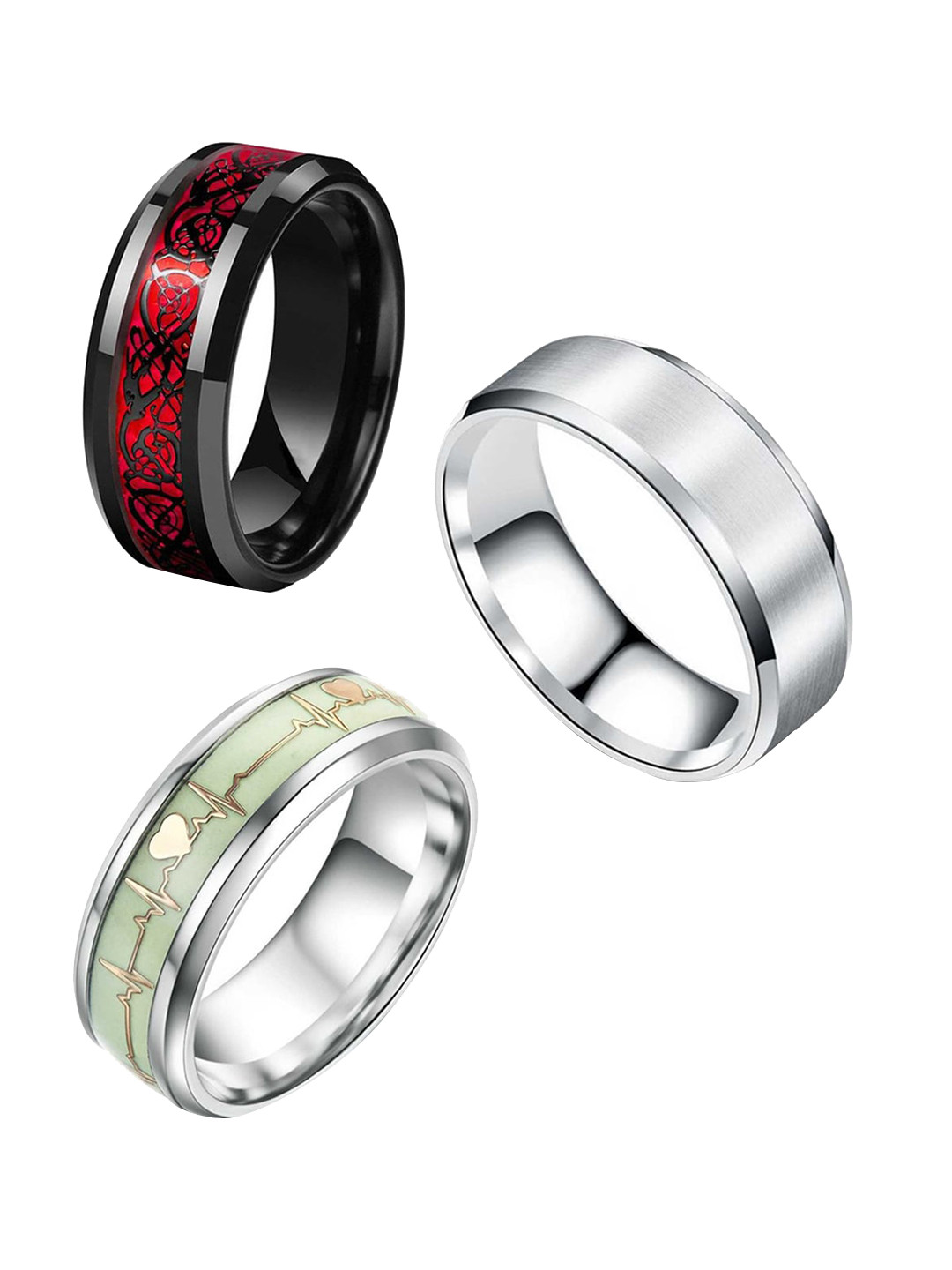 MEENAZ Unisex Set of 3 Silver-Plated Stainless Steel Rings