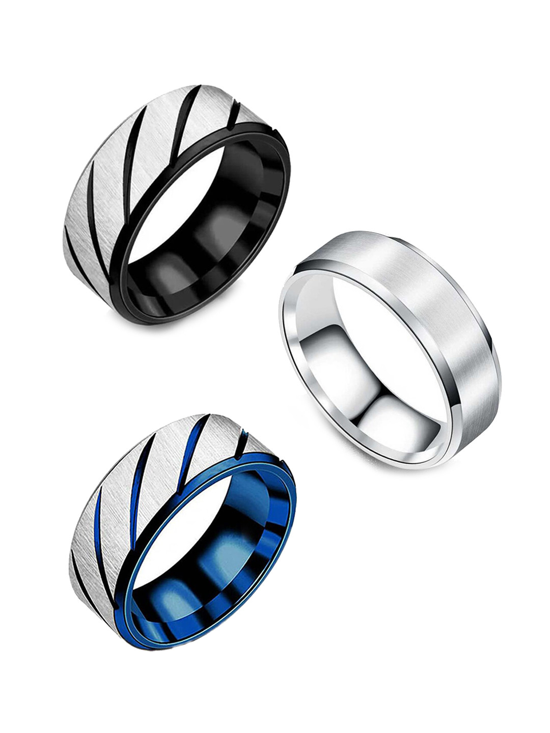 MEENAZ Unisex Set Of 3 Silver-Plated Textured & Solid Band Finger Rings