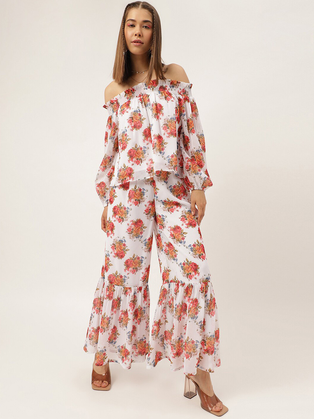 Masakali.Co Floral Printed Off-Shoulder Puff Sleeves Top With Sharara
