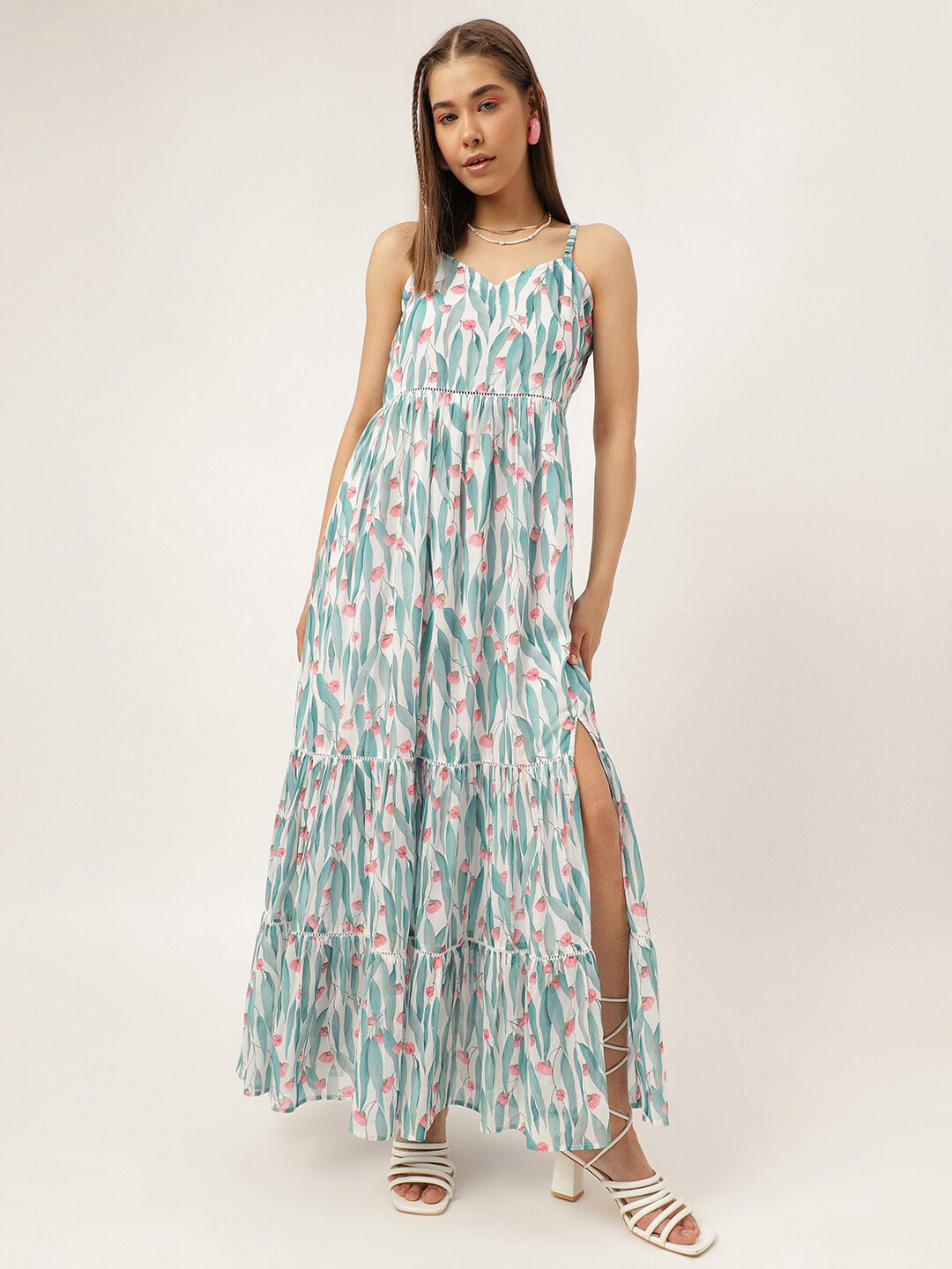 Masakali.Co Floral Printed Shoulder Straps Tiered Side Slit Maxi Dress