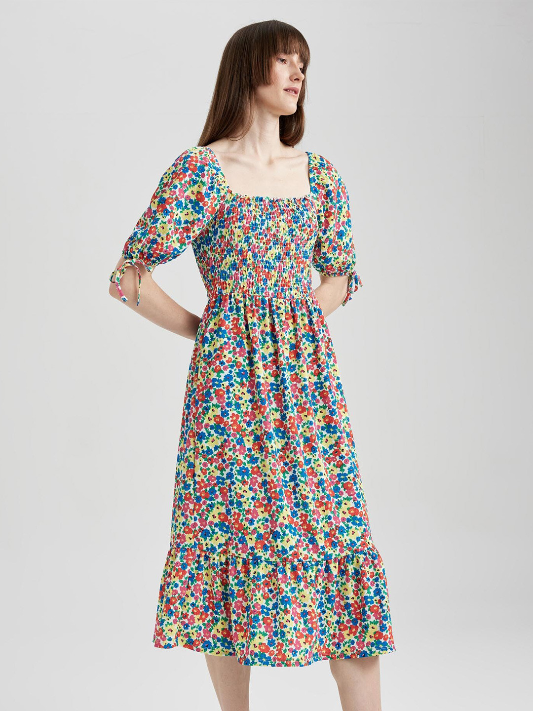 DeFacto Floral Printed Square Neck Puff Sleeves Smocked Midi A-Line Dress