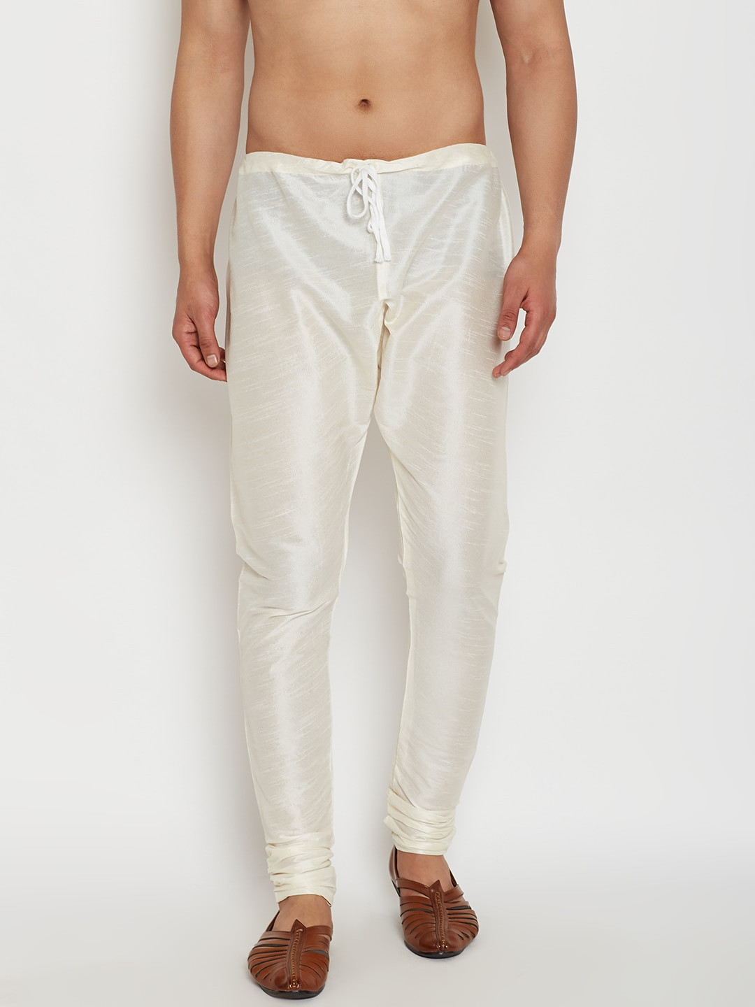 SOJANYA Men Off-White Solid Dupion Silk Pyjama