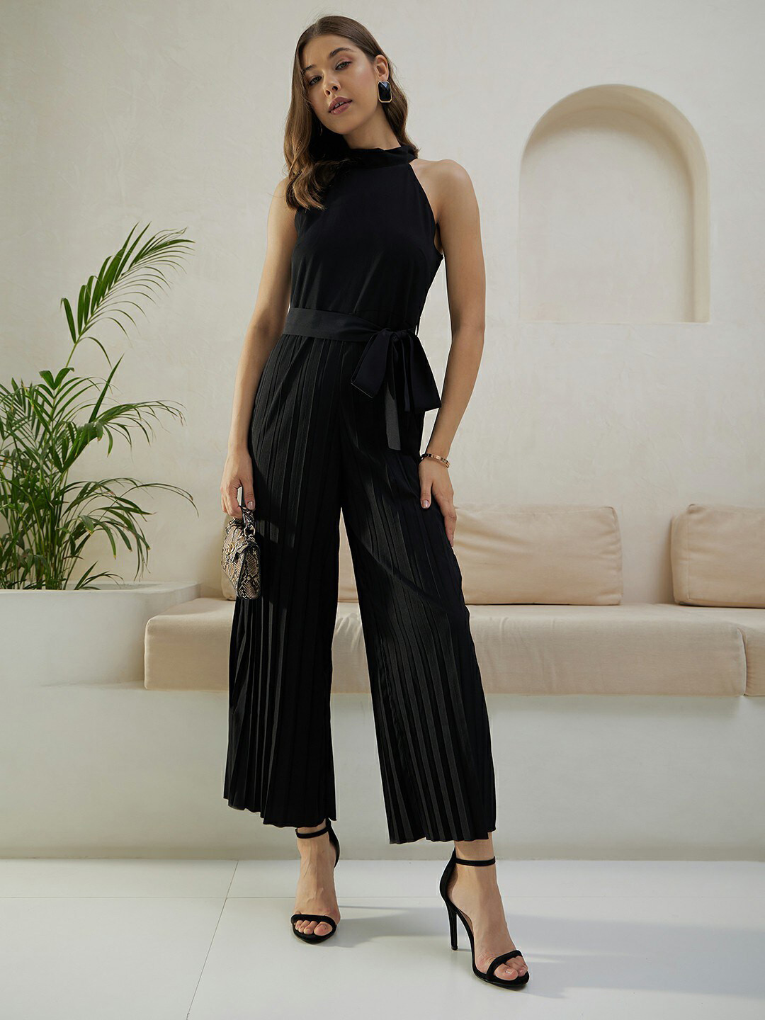 Berrylush Black High Neck Sleeveless Culotte Jumpsuit